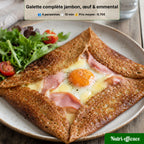 Galette complète au jambon, œuf et emmental servie avec salade, recette rapide, gourmande et économique pour un repas express.