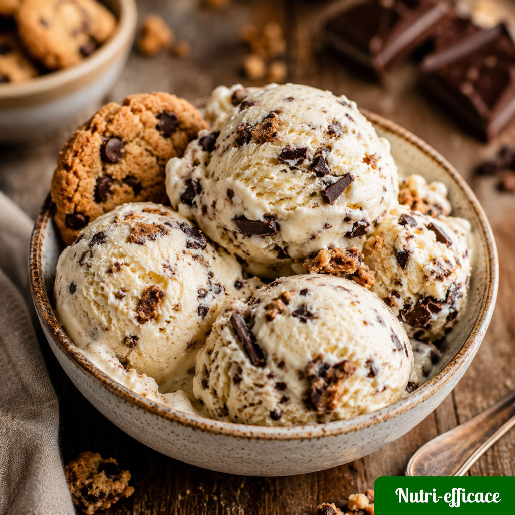 Glace maison façon cookie chocolat avec morceaux de cookies et pépites de chocolat, servie dans un bol, dessert frais et gourmand.