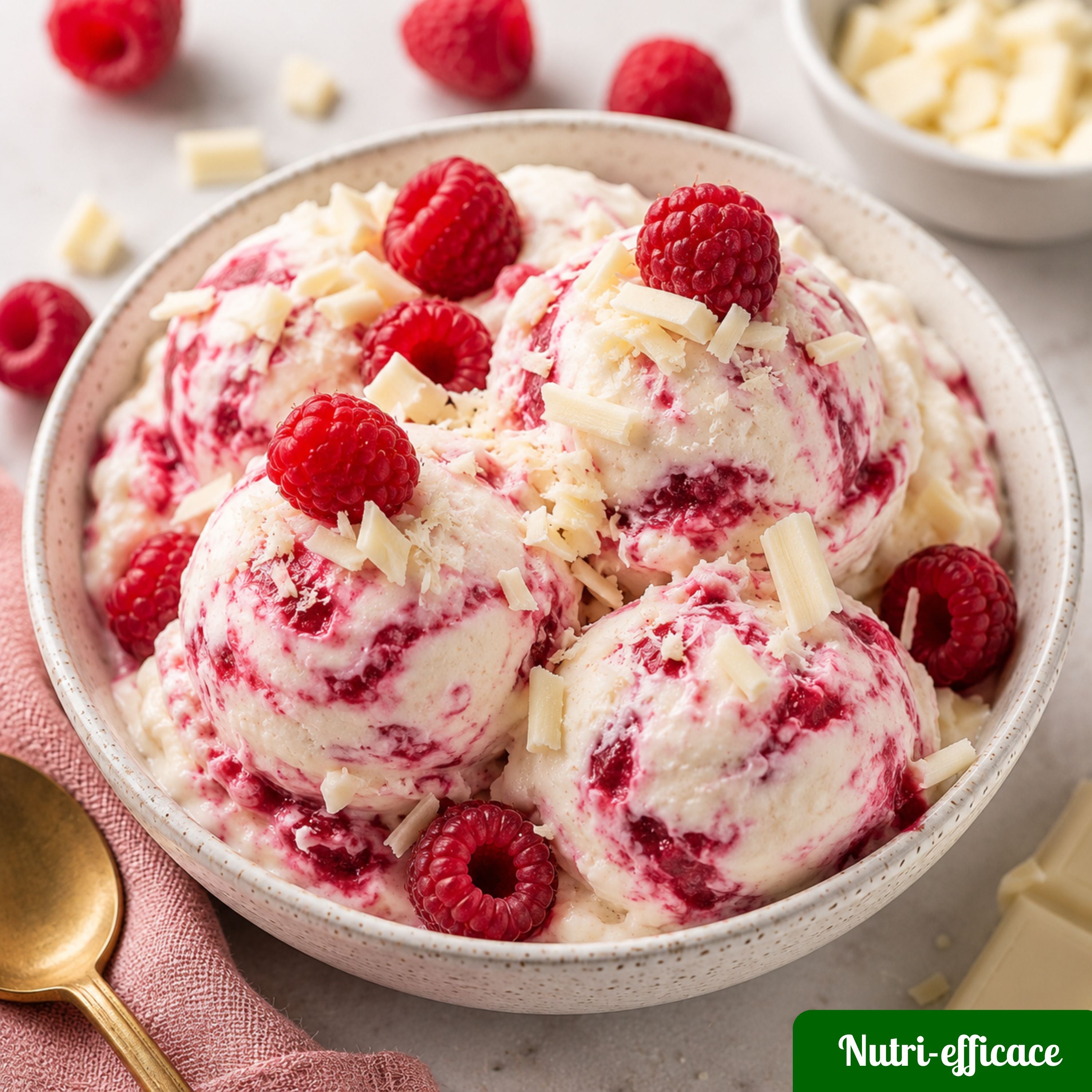 Glace maison à la framboise et chocolat blanc, servie en boules crémeuses avec framboises fraîches et copeaux de chocolat blanc.