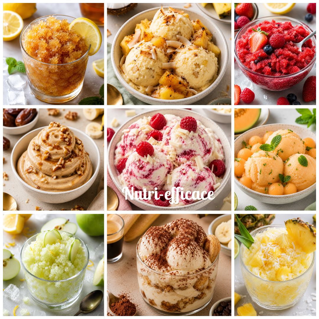 Recettes maison de glaces et granités équilibrés avec fruits frais, citron, framboise, melon, café glacé et desserts rafraîchissants faciles à préparer pour l’été