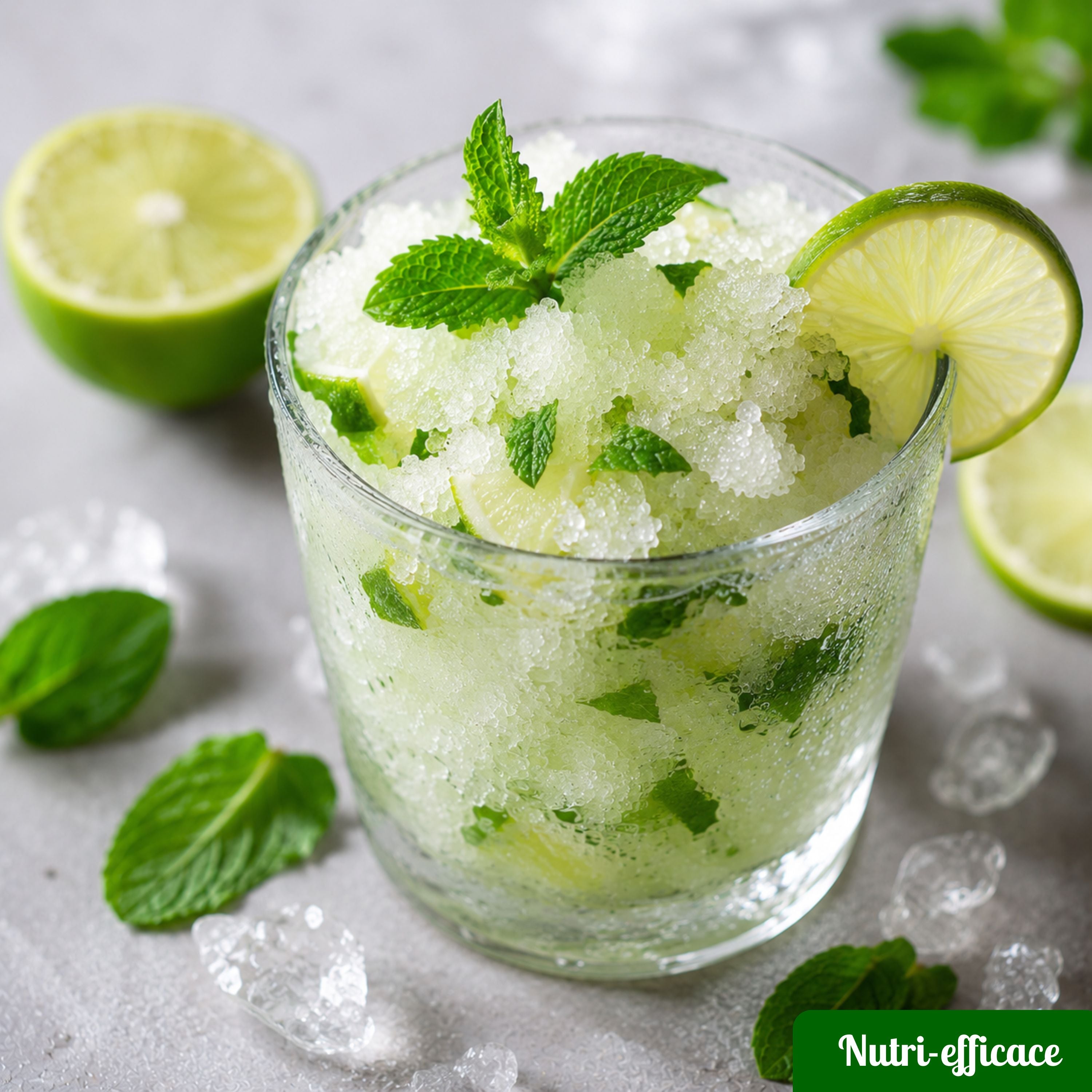 Granité maison au citron vert et à la menthe, dessert glacé rafraîchissant servi dans un verre avec citron vert frais.