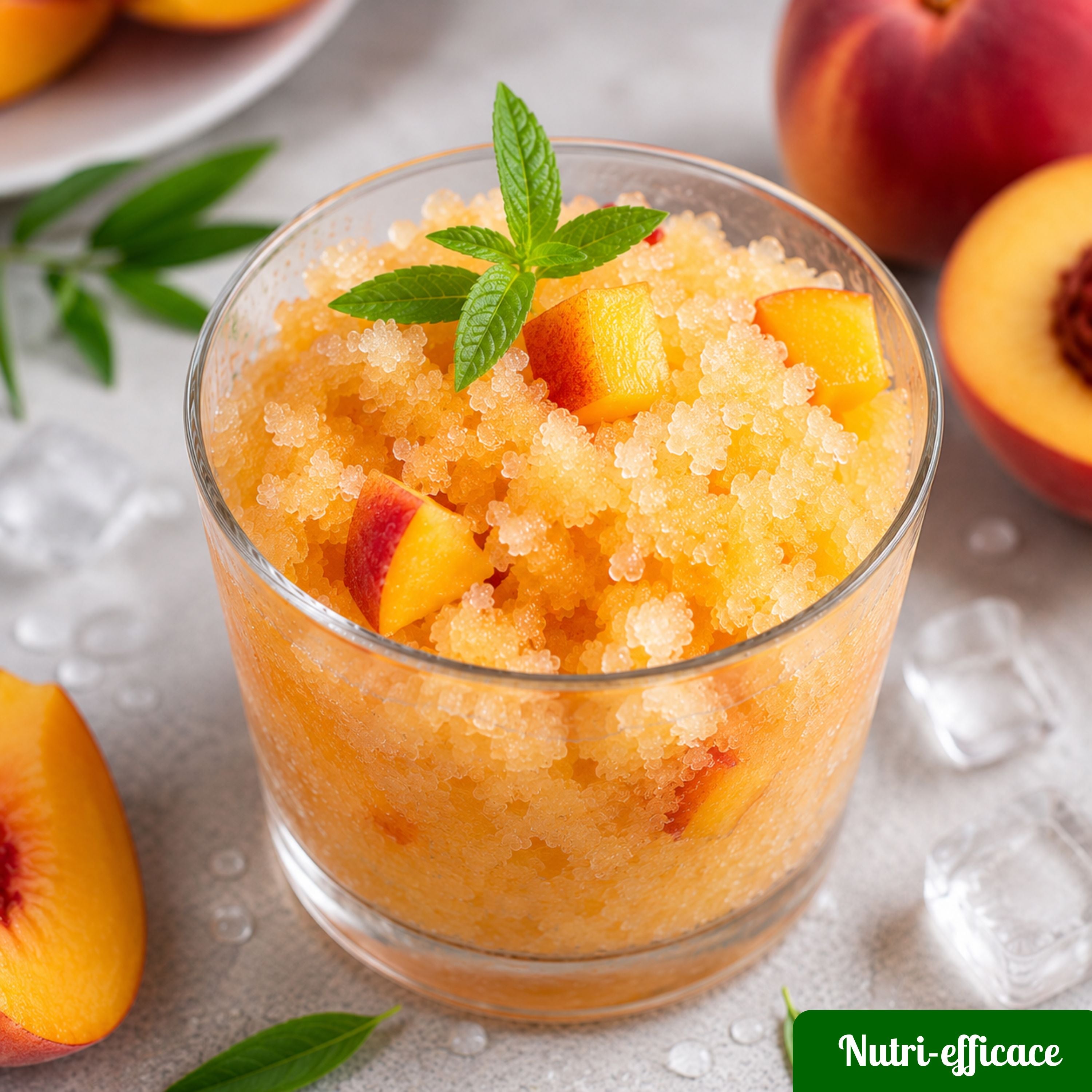 Granité maison à la pêche servi dans un verre avec morceaux de pêche et menthe fraîche, dessert frais et simple.
