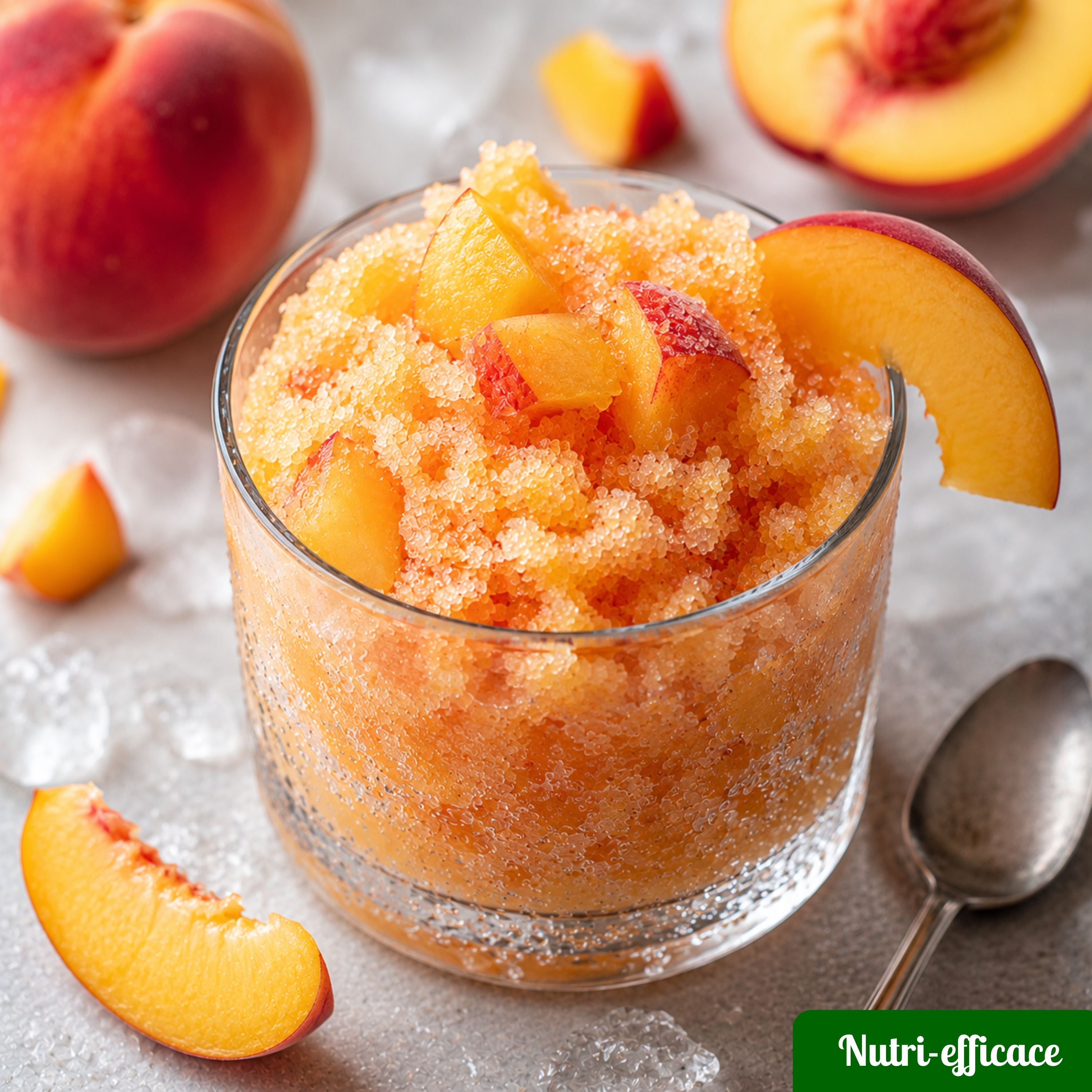 Granité maison à la pêche, dessert glacé fruité servi en verre avec morceaux de pêche fraîche.