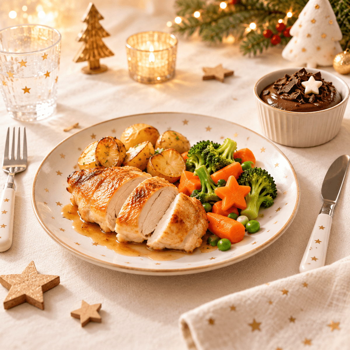 Menu spécial enfants pour Noël et le Nouvel An avec plat et dessert de fêtes