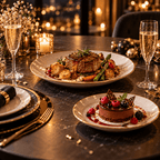Menu de Noël complet avec entrée, volaille rôtie, légumes et dessert