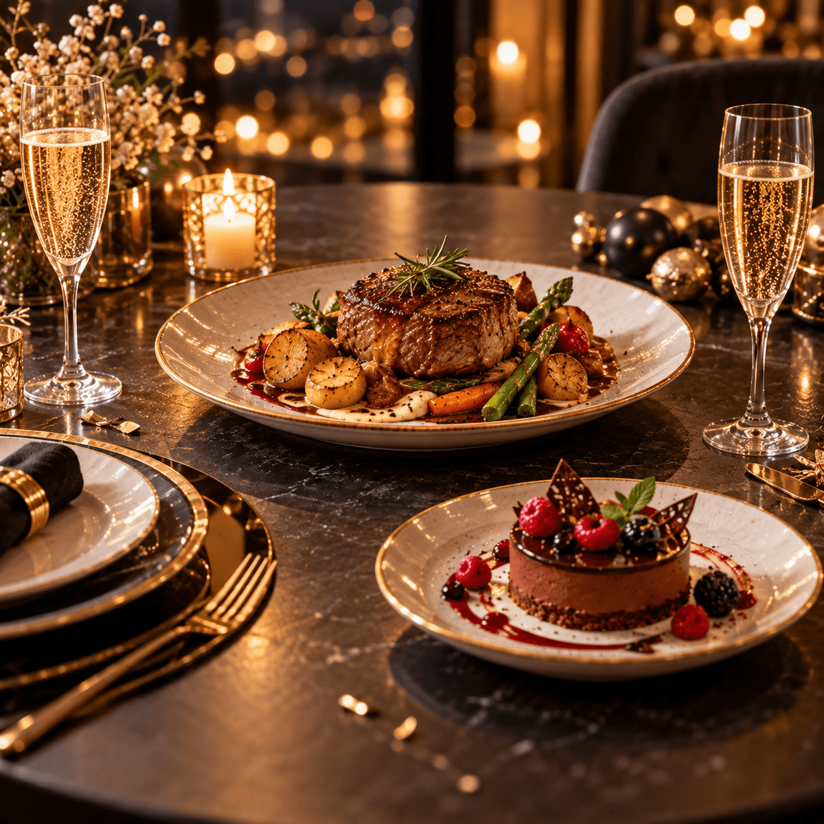 Menu de Noël complet avec entrée, volaille rôtie, légumes et dessert