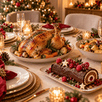 Repas de Noël avec volaille rôtie, accompagnements et bûche au chocolat