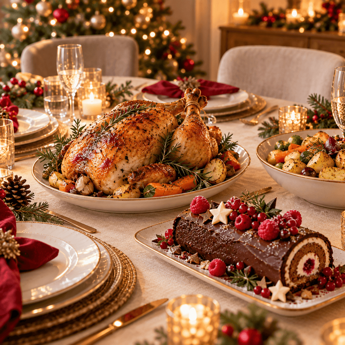 Repas de Noël avec volaille rôtie, accompagnements et bûche au chocolat