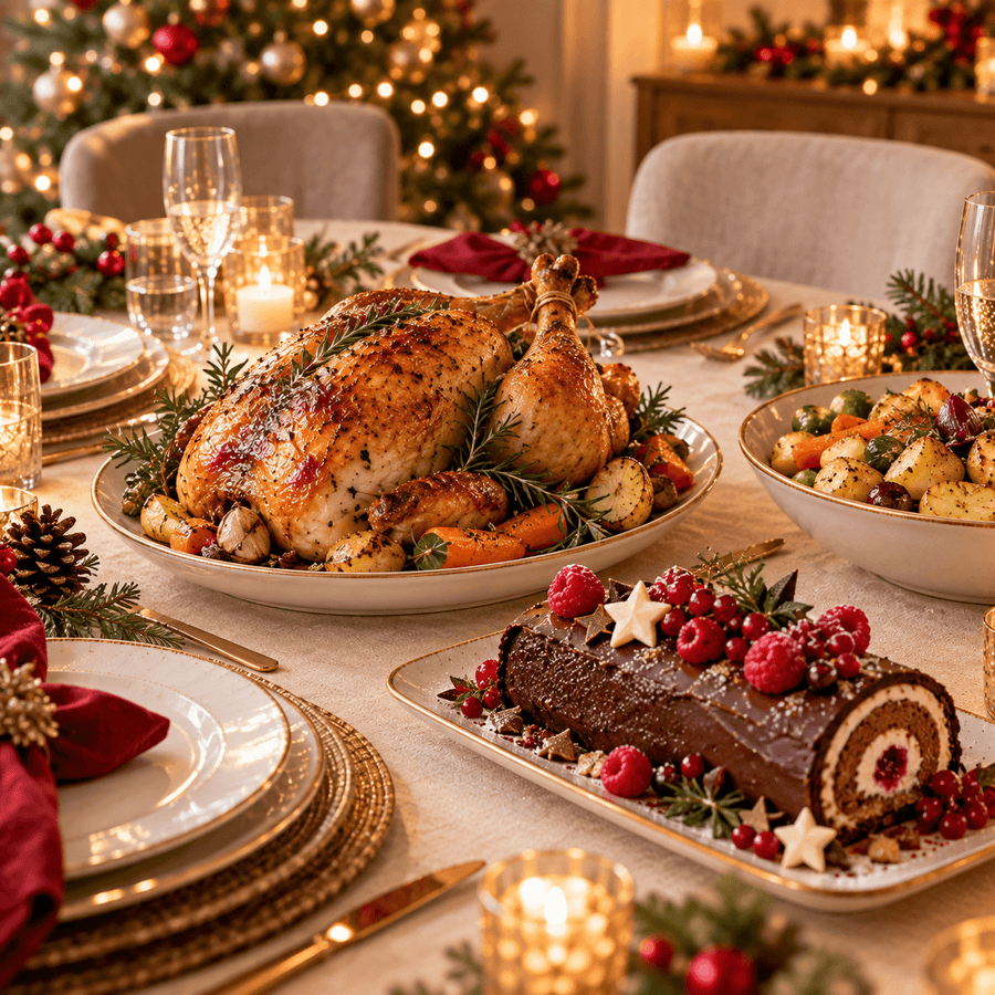 Repas de Noël avec volaille rôtie, accompagnements et bûche au chocolat