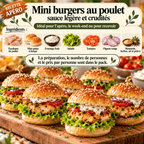 Mini burgers maison au poulet, avec salade, tomate et fromage frais, une recette gourmande pour l'apéritif du week-end.