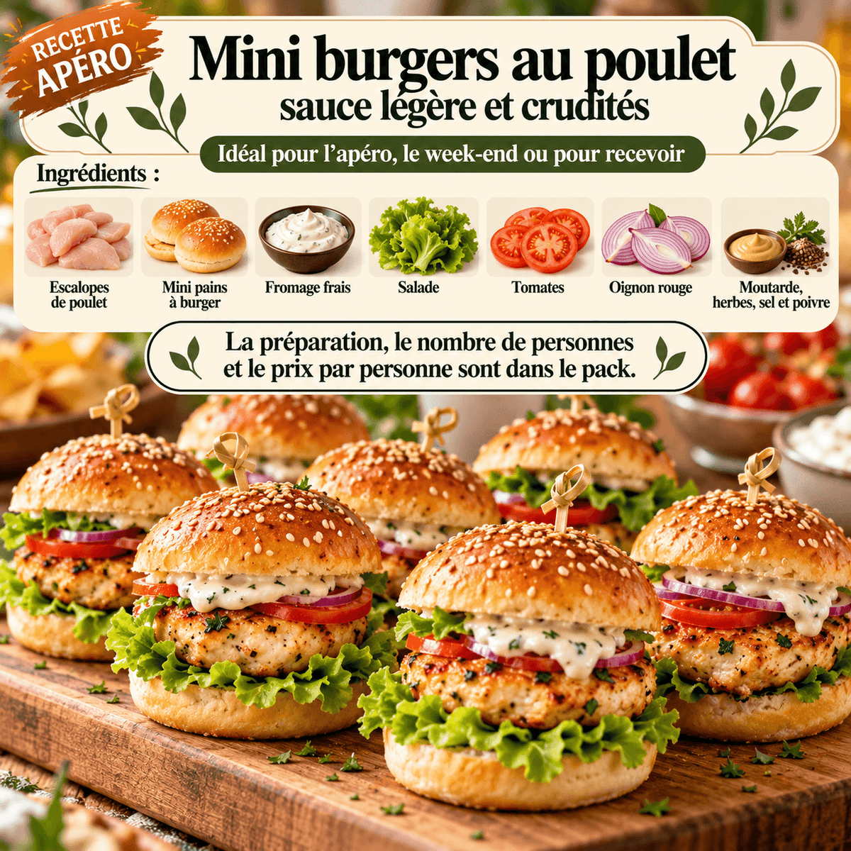 Mini burgers maison au poulet, avec salade, tomate et fromage frais, une recette gourmande pour l'apéritif du week-end.