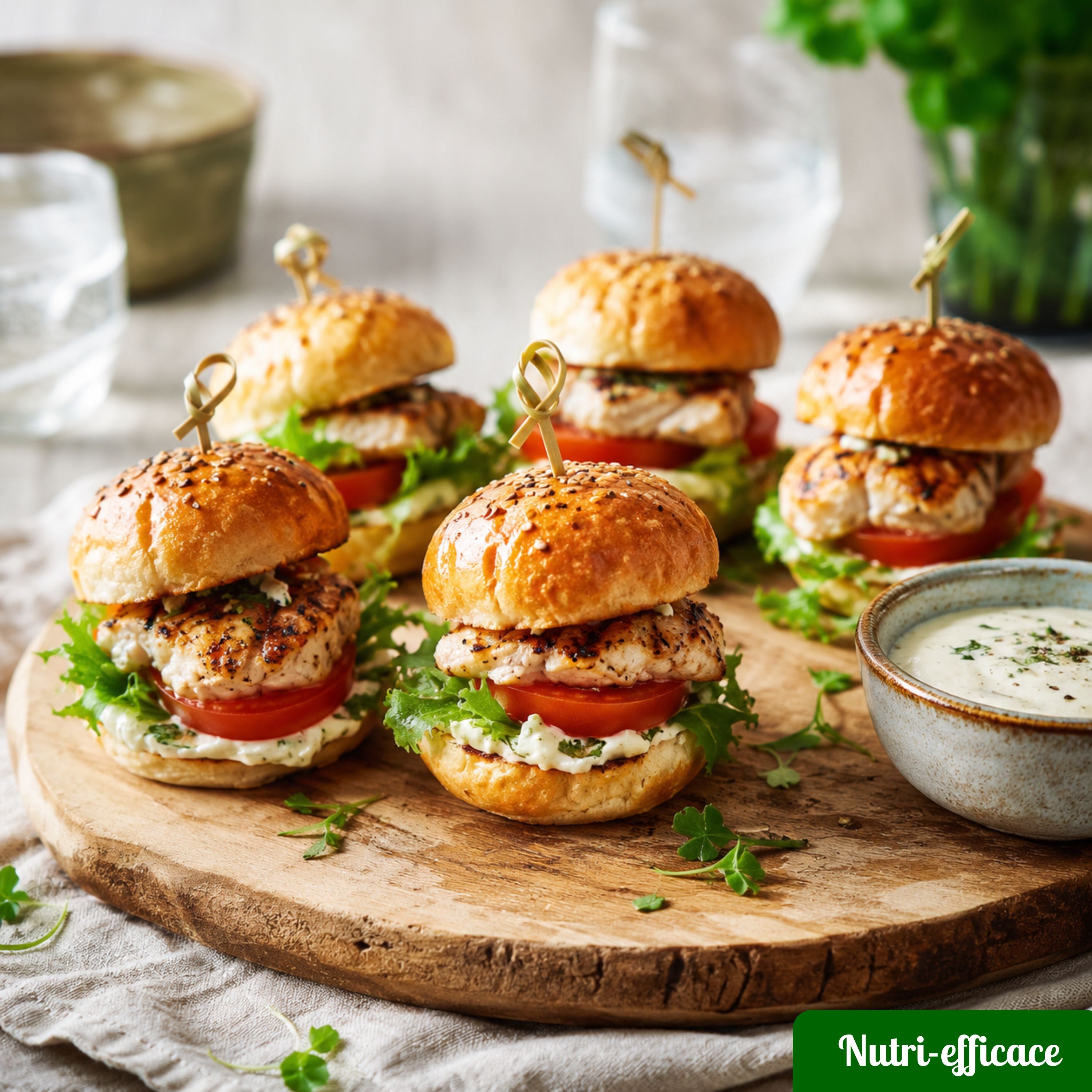 Mini burgers au poulet grillé avec tomate, salade et sauce aux herbes, présentés sur une planche en bois.