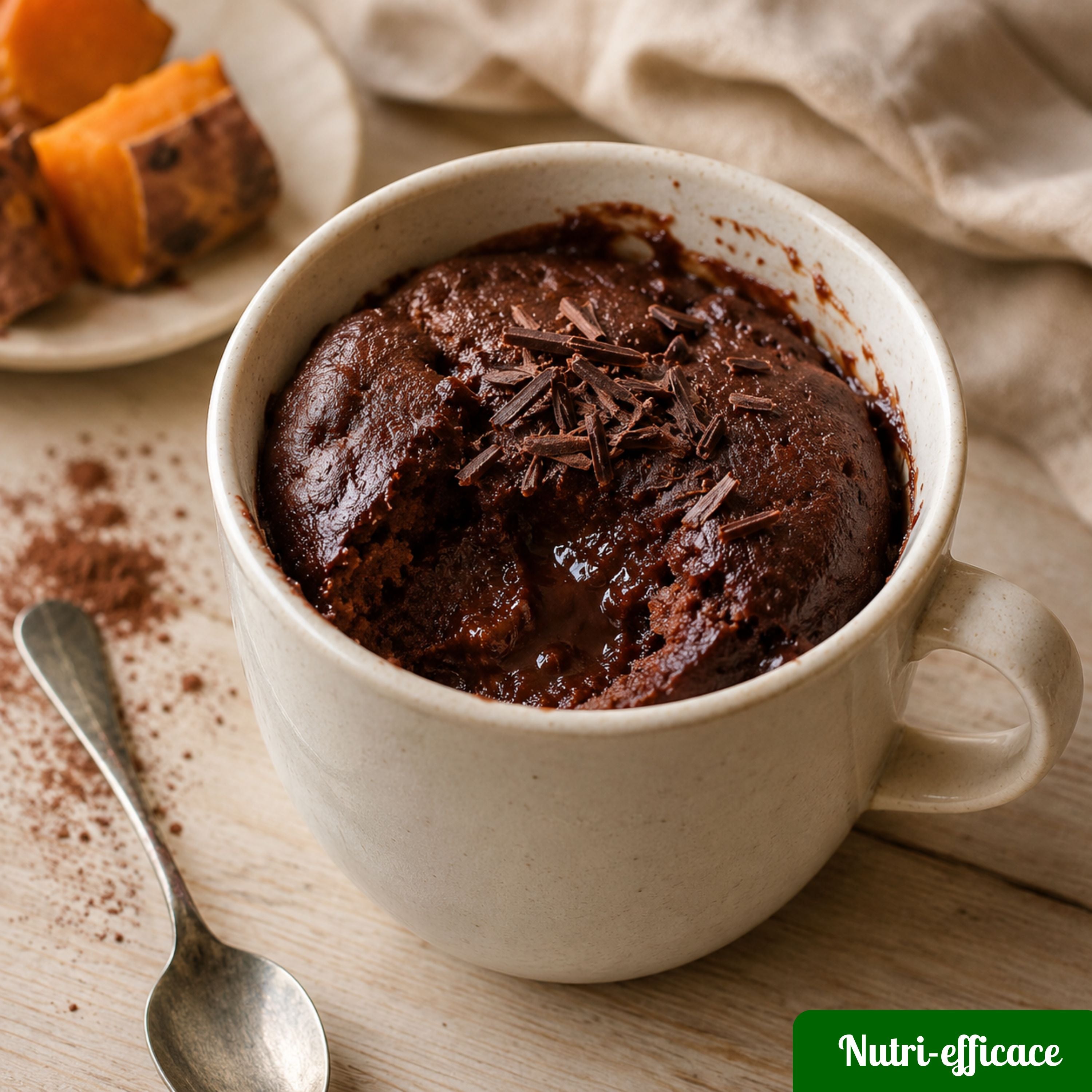 Mug cake chocolat fondant à la patate douce dans une tasse beige avec copeaux de chocolat pour un dessert rapide