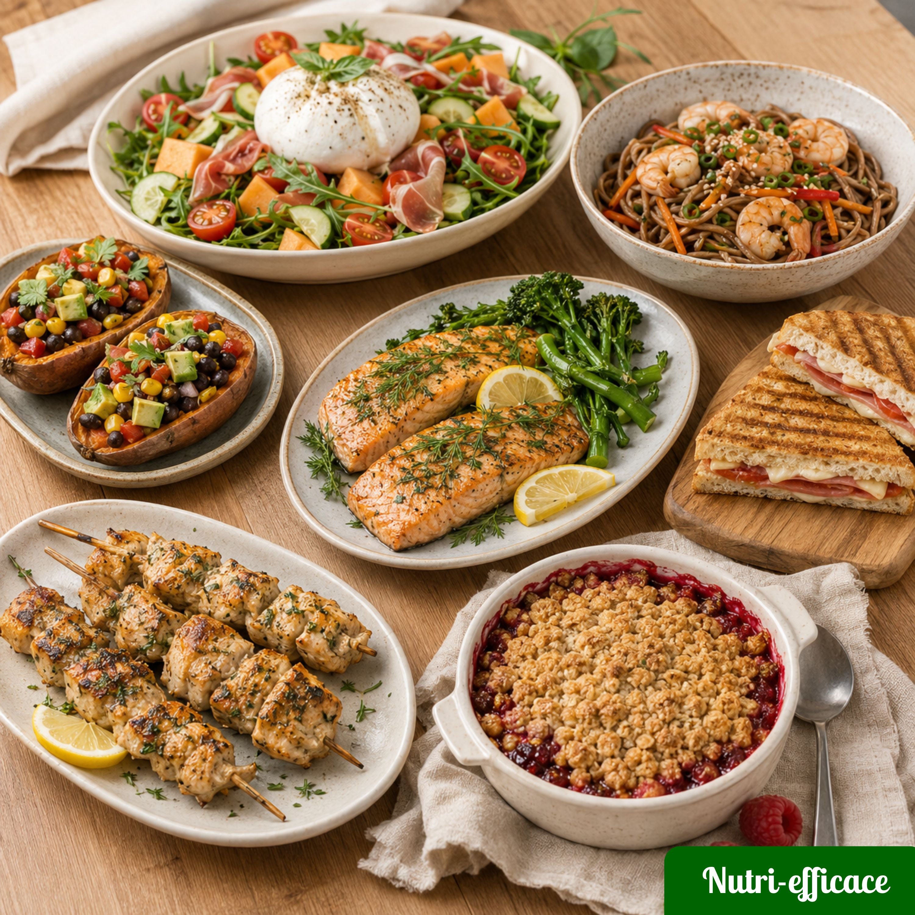 Assortiment de recettes économiques et équilibrées Nutri-Efficace : salade burrata, saumon, brochettes, nouilles, panini et crumble.