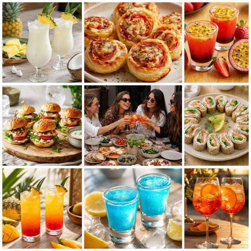 Visuel de présentation du pack apéro 100 recettes économiques avec cocktails maison, mini burgers, roulés feuilletés, wraps au saumon et apéritif convivial entre amis.