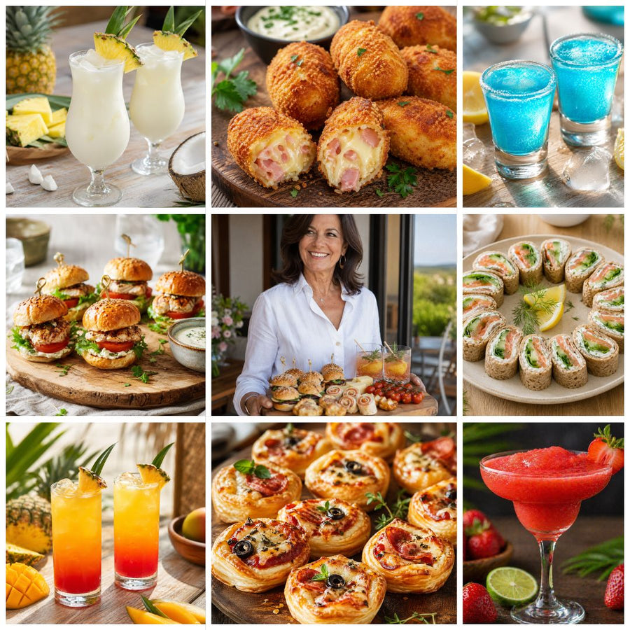 Visuel de présentation du pack apéro 100 recettes économiques avec cocktails maison, mini burgers, roulés feuilletés, wraps au saumon et apéritif convivial entre amis.