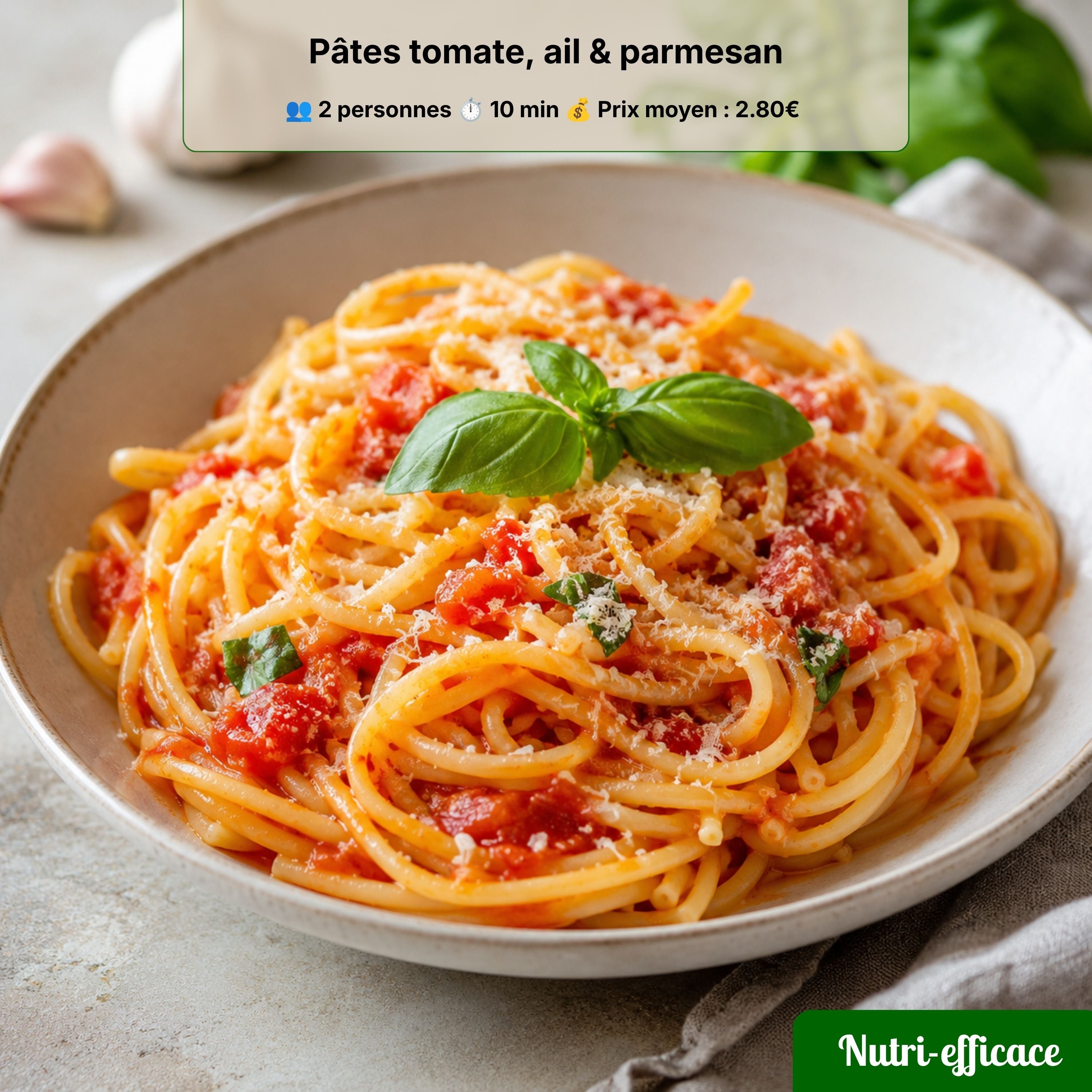 Assiette de pâtes tomate, ail et parmesan, recette express pour 2 personnes prête en 10 minutes, simple, gourmande et petit budget.