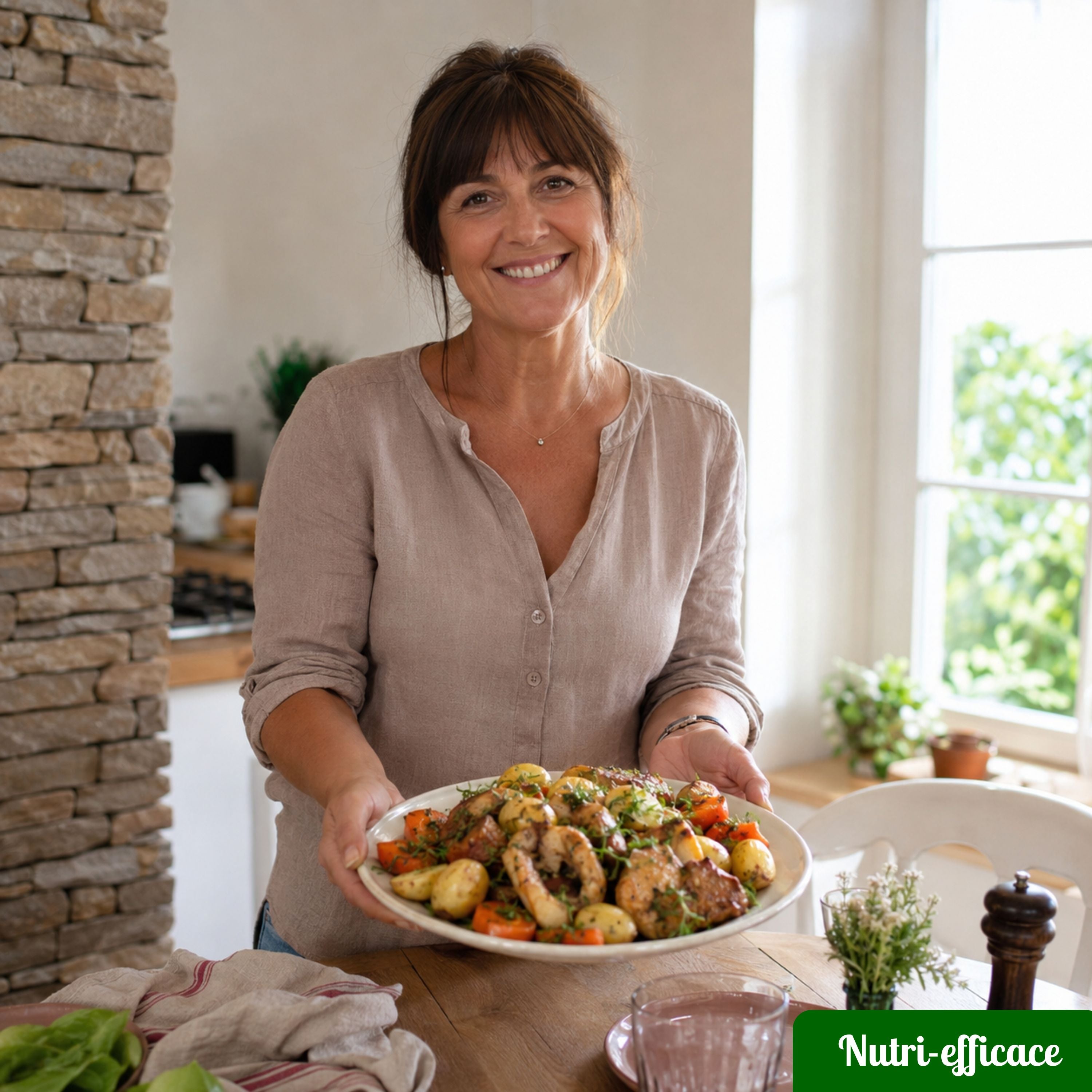 Plat familial maison avec pommes de terre, légumes et viande rôtie, recette généreuse et économique