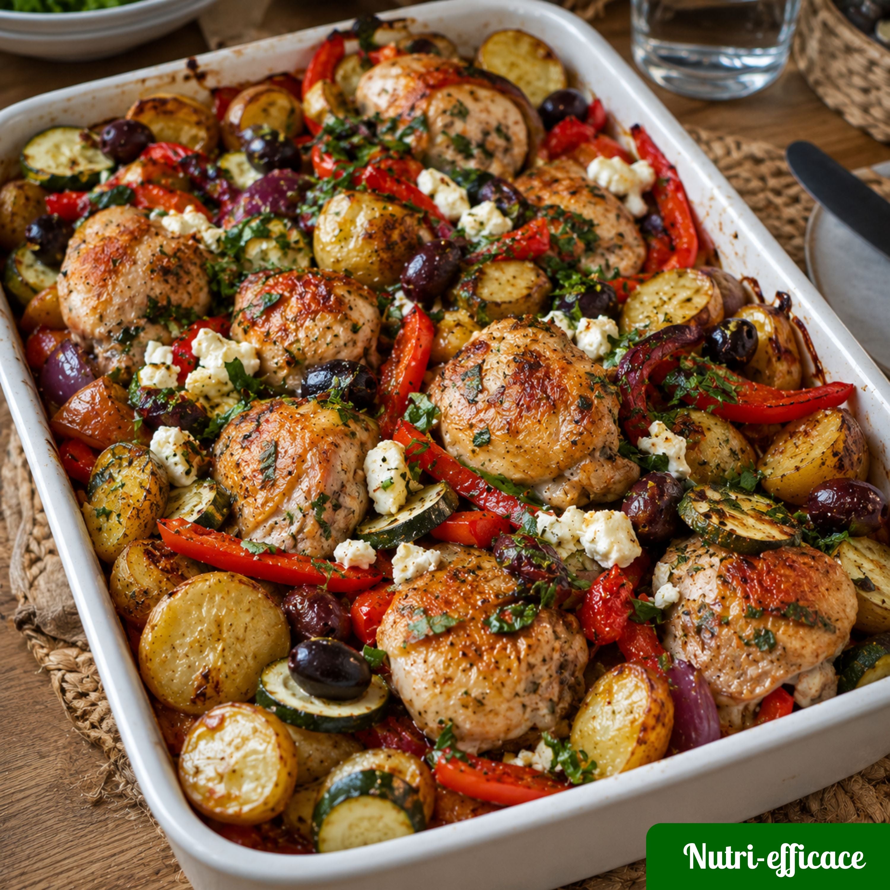 Plat familial au four avec poulet doré, pommes de terre, courgettes, poivrons, olives et herbes fraîches.