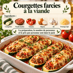 Plat maison doré au four et servi en portions, accompagné de légumes, dans une fiche recette.