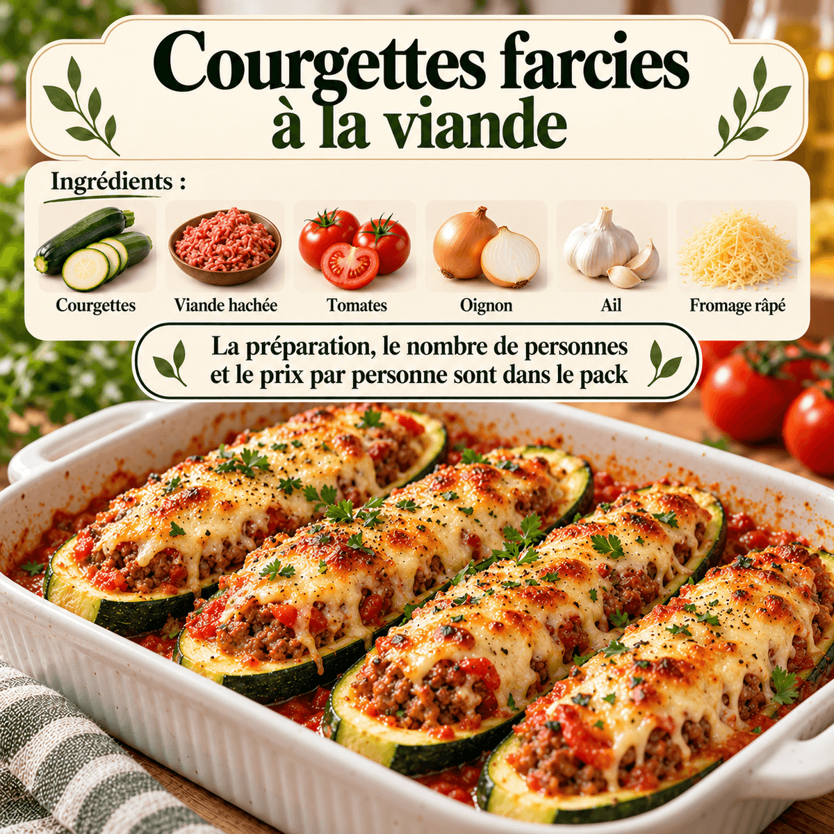 Plat maison doré au four et servi en portions, accompagné de légumes, dans une fiche recette.