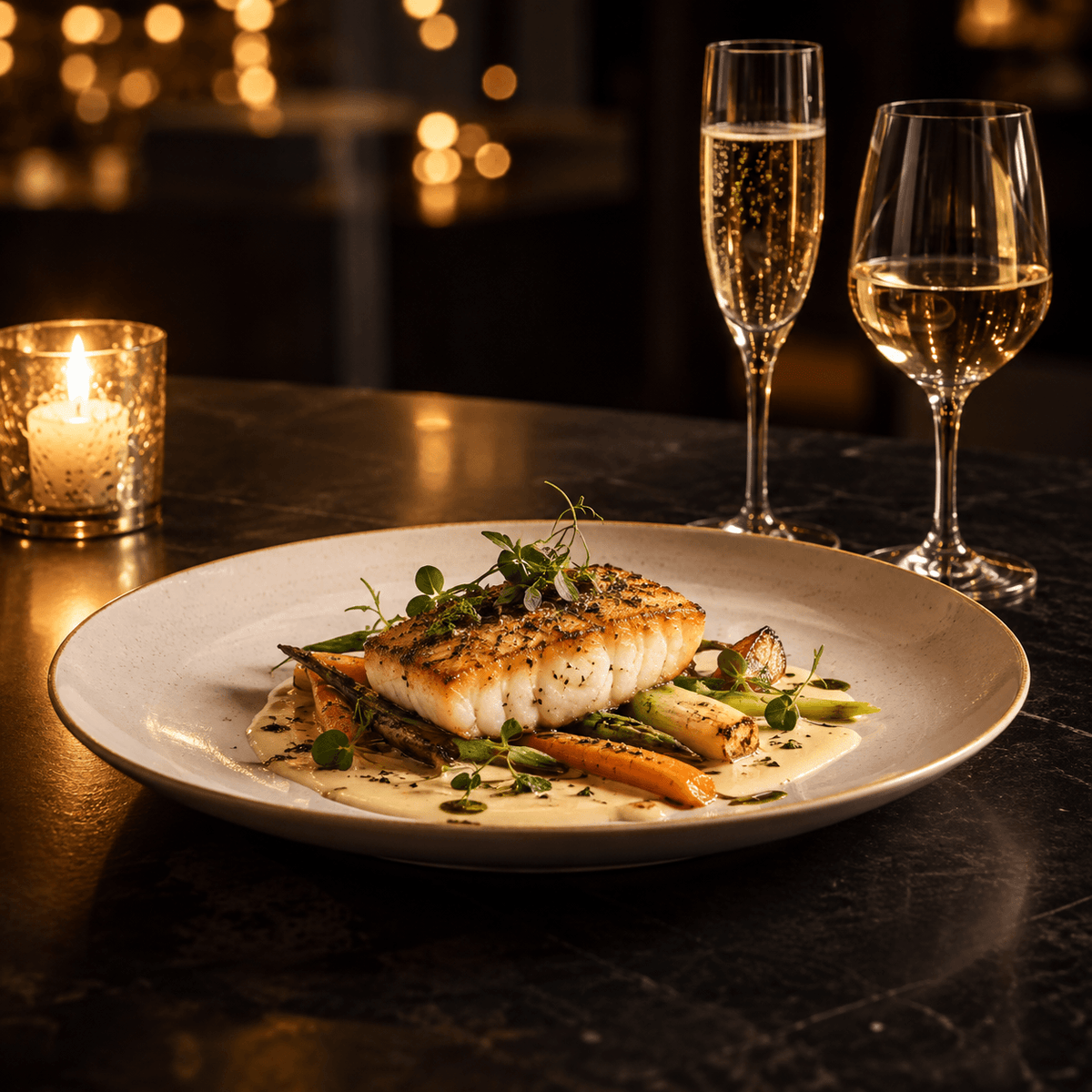 Plat de poisson aux légumes servi pour un repas de réveillon du Nouvel An