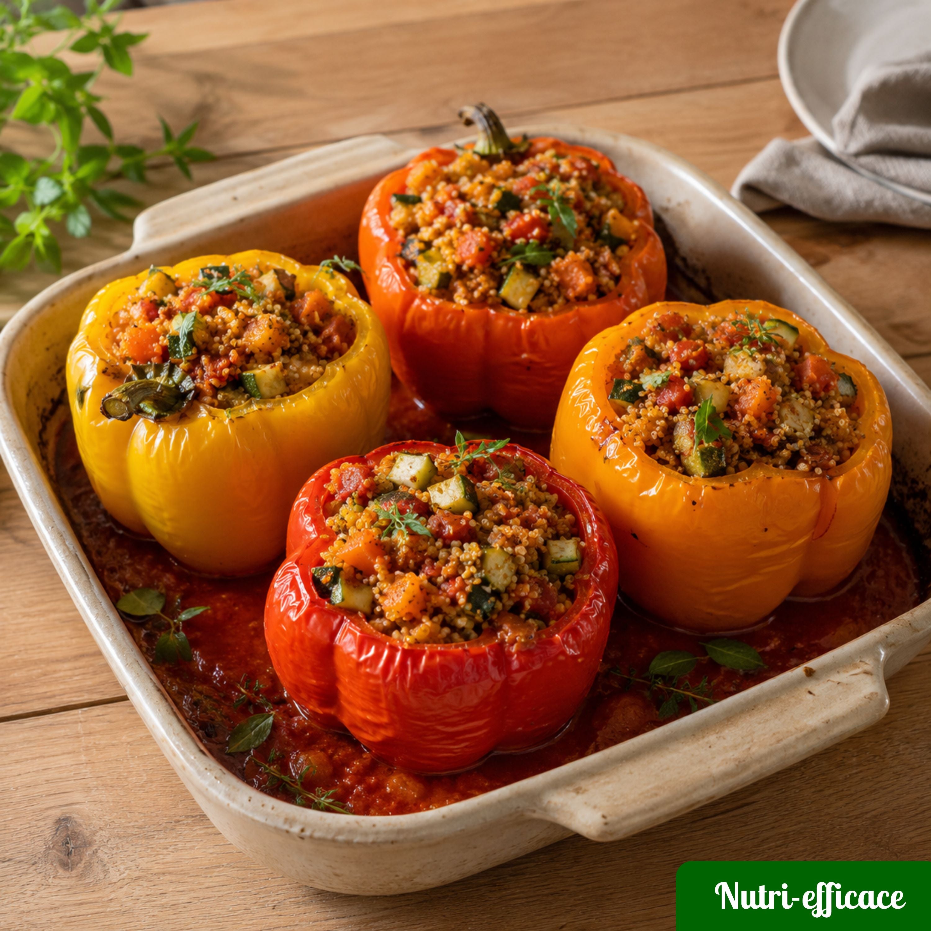 Des poivrons farcis au quinoa et aux légumes, une idée repas saine pour toute la famille.