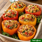 Poivrons farcis au quinoa et légumes, recette végane au four avec courgettes, tomates et herbes fraîches.