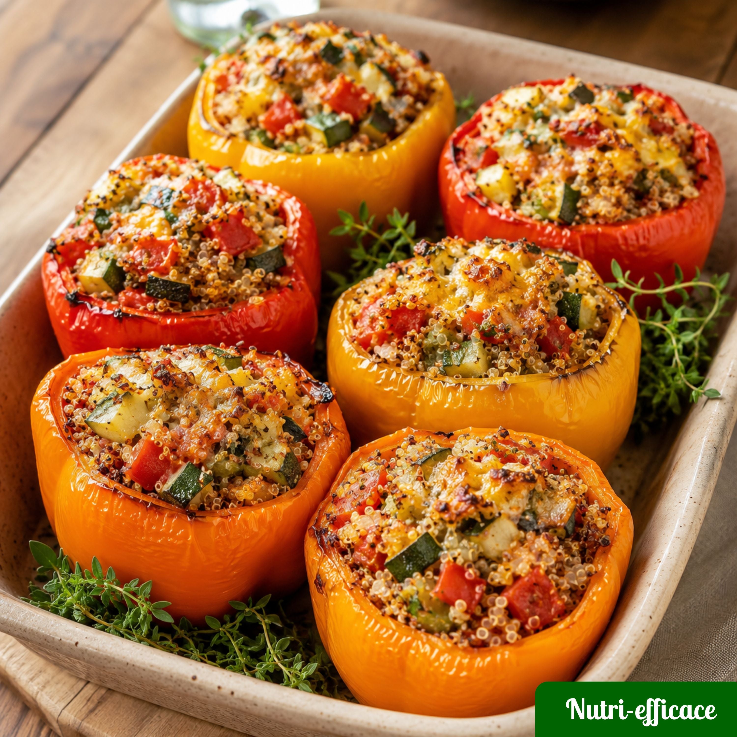 Poivrons farcis au quinoa et légumes, recette végane au four avec courgettes, tomates et herbes fraîches.