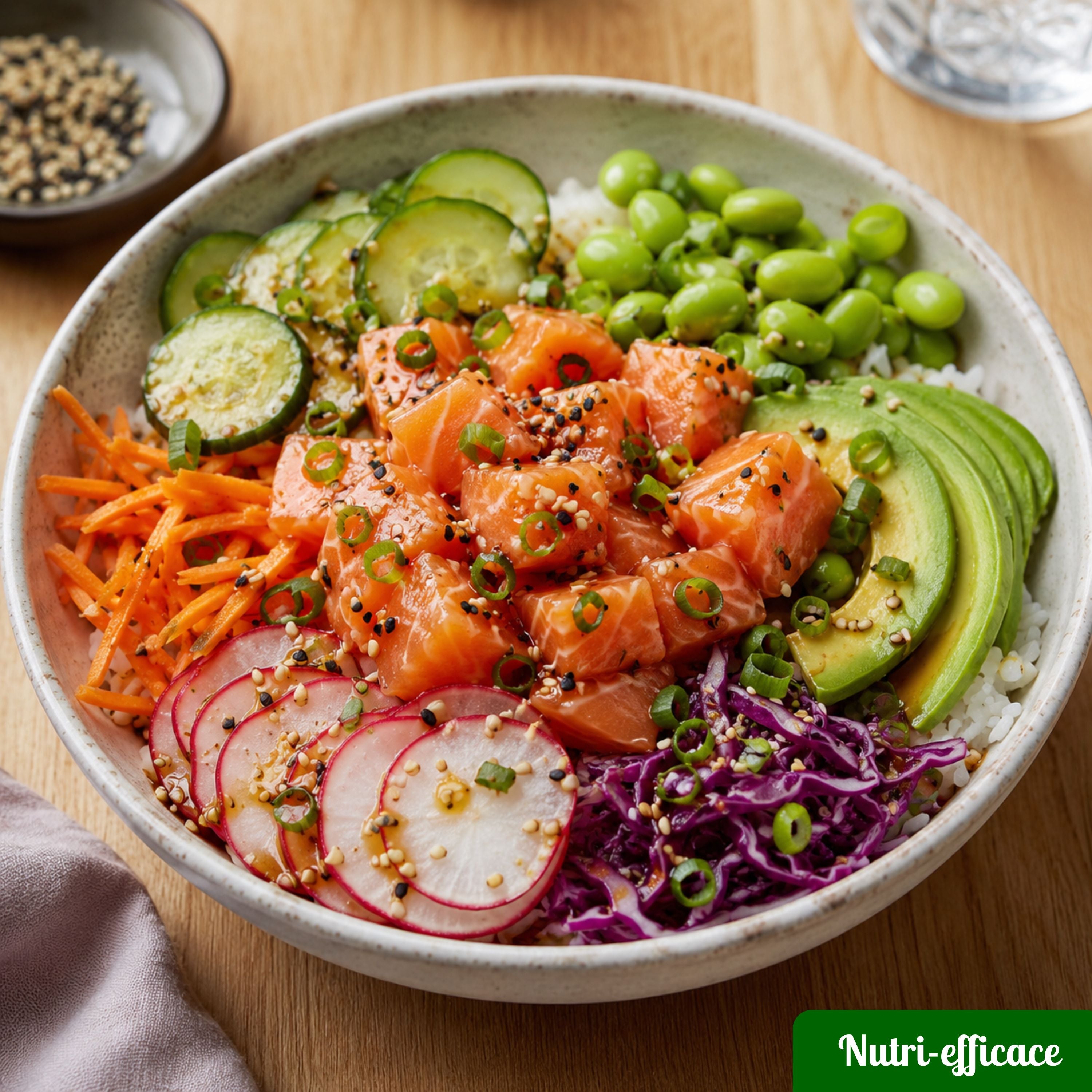 Poke bowl au saumon avec avocat, edamame, radis, carottes, chou rouge, concombre et riz, servi dans un grand bol.