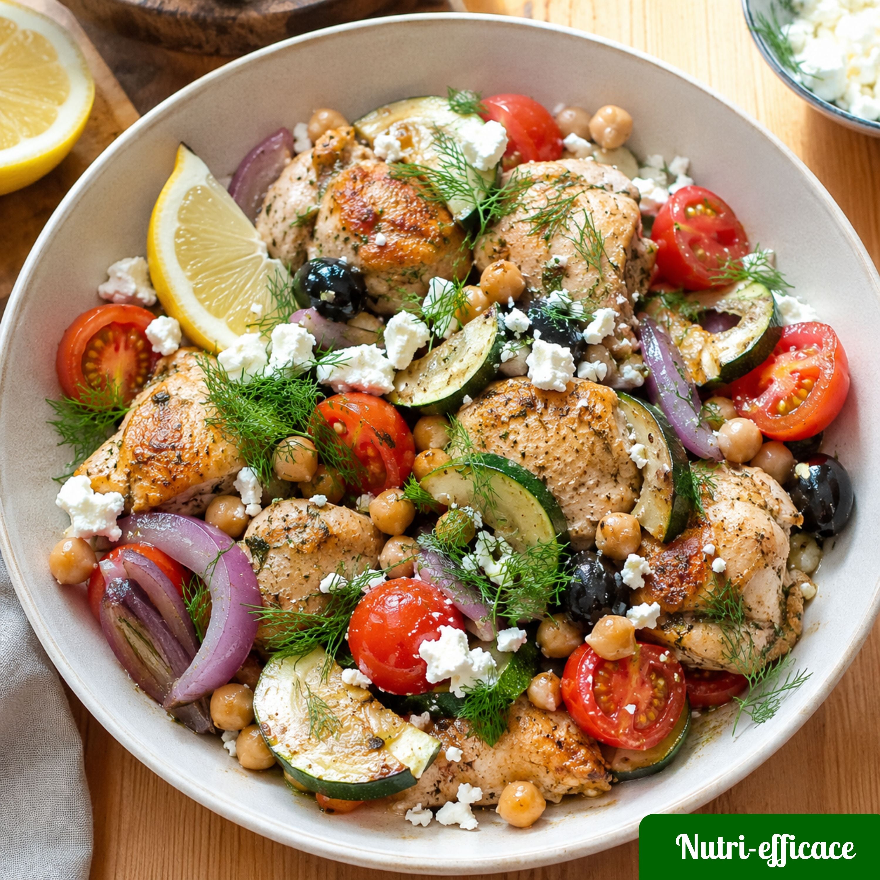 Poulet grec citron et légumes façon air fryer avec courgettes, tomates, pois chiches, olives et feta, recette équilibrée et gourmande.