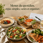 Programme de 60 jours de recettes équilibrées avec listes de courses, illustré par des repas variés préparés à l’avance