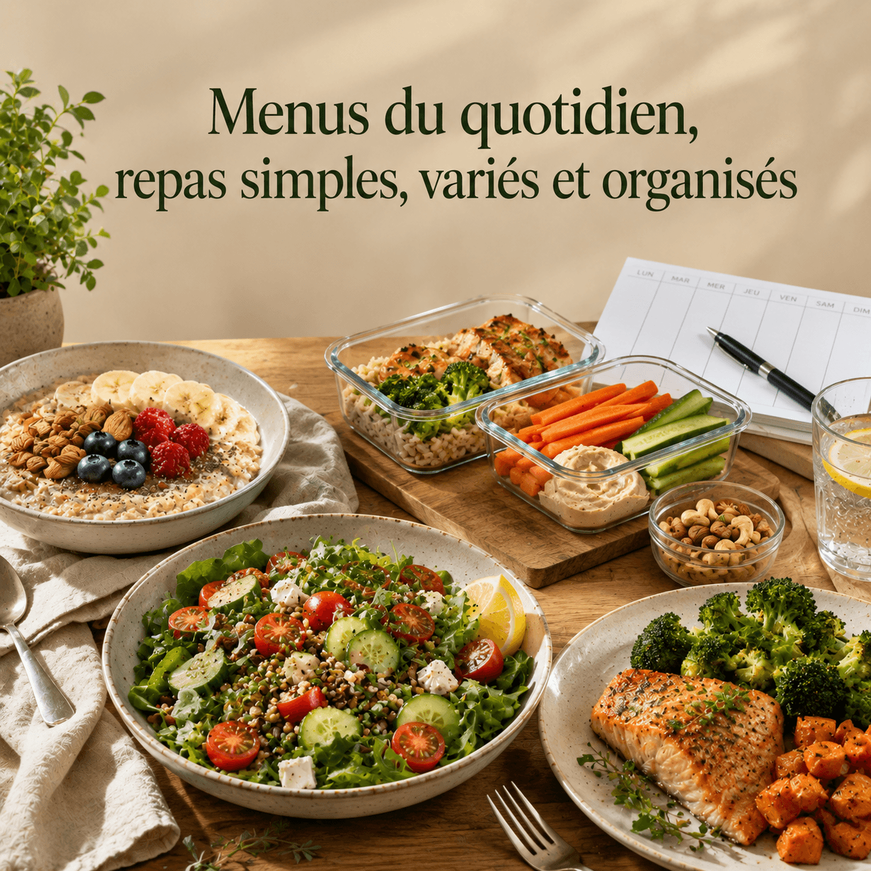 Programme de 60 jours de recettes équilibrées avec listes de courses, illustré par des repas variés préparés à l’avance