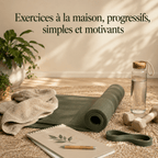 Programme de 4 semaines d’exercices à la maison avec tapis de sport, haltères, bandes élastiques et repas équilibré.