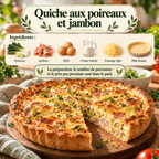 Quiche maison aux poireaux et au jambon, bien dorée et découpée, pour un repas familial.