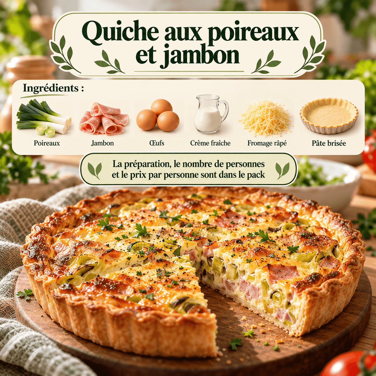 Quiche maison aux poireaux et au jambon, bien dorée et découpée, pour un repas familial.