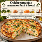 Quiche sans pâte au saumon fumé et brocoli, dorée au four et présentée avec une part découpée.