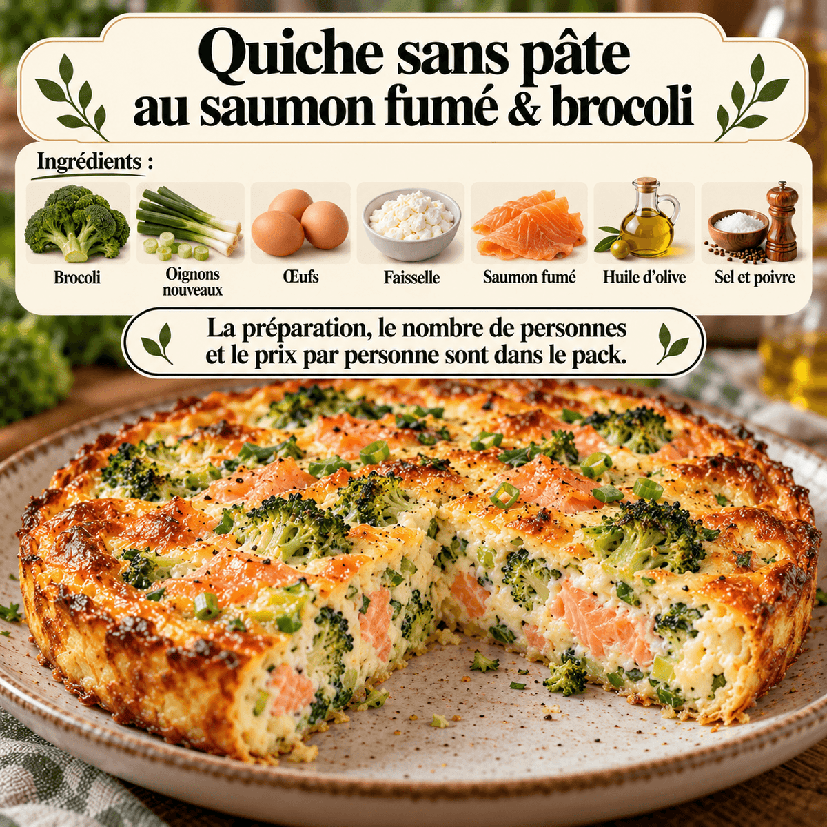 Quiche sans pâte au saumon fumé et brocoli, dorée au four et présentée avec une part découpée.