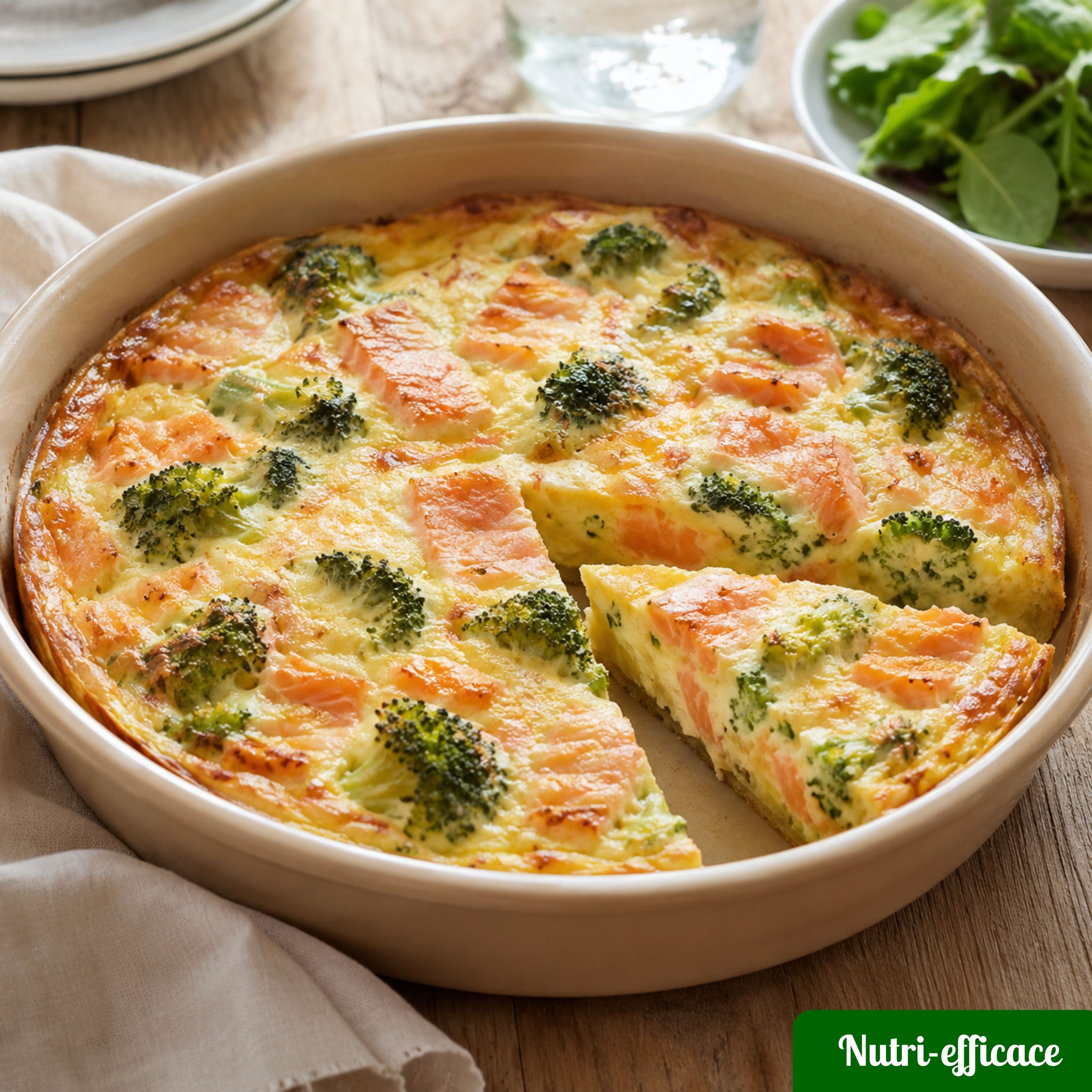 Quiche au saumon et brocoli dorée au four, servie en plat rond avec une part découpée, recette familiale équilibrée.