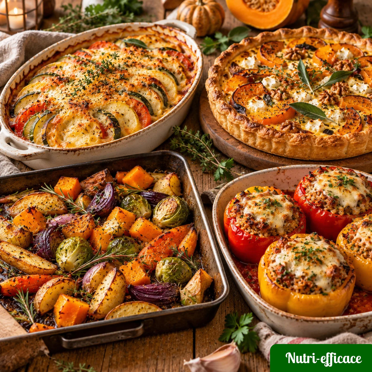 Gratin de légumes, tarte à la courge, légumes rôtis et poivrons farcis pour des repas au four gourmands.