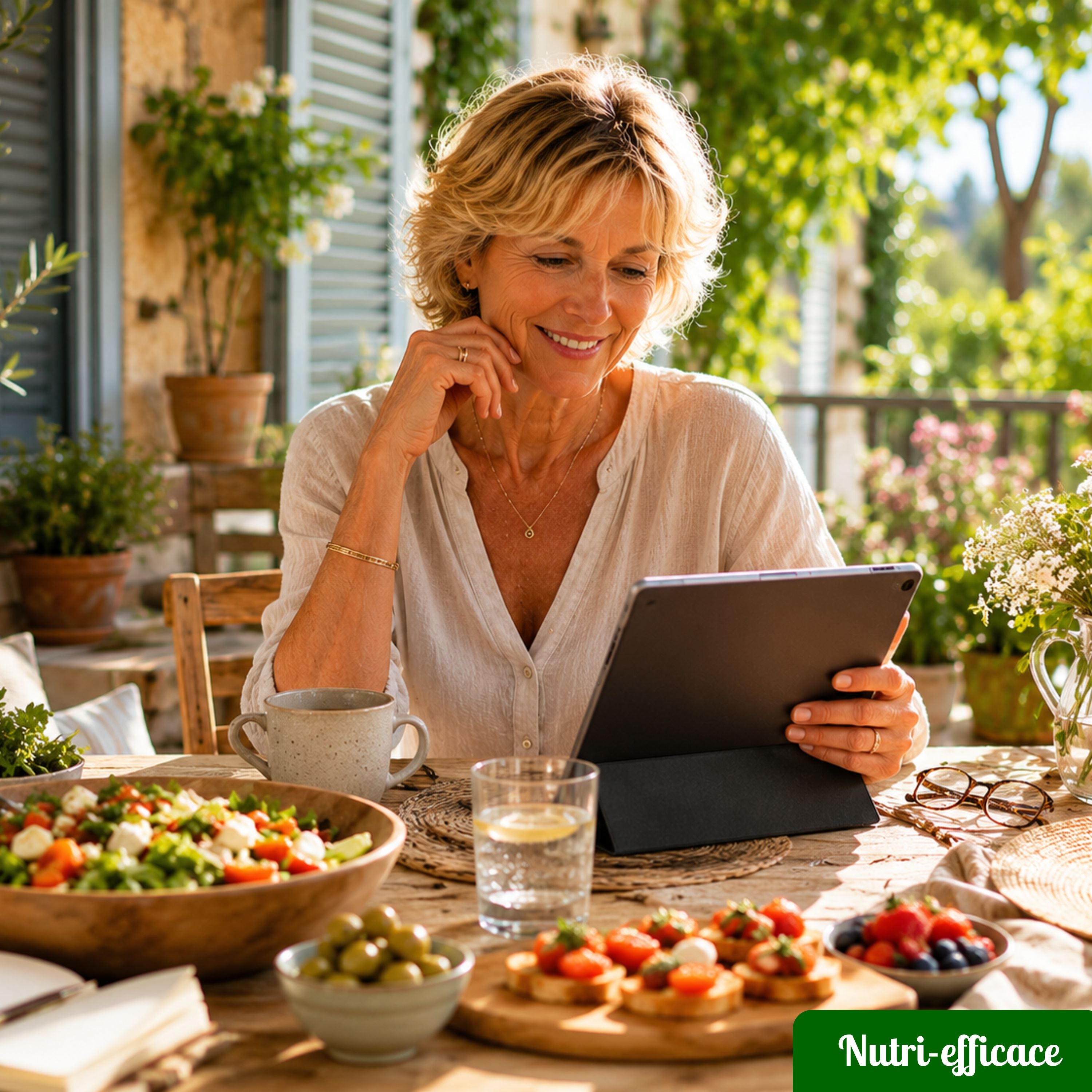 Femme consultant des recettes économiques et équilibrées sur tablette devant une salade et des apéritifs maison en terrasse.