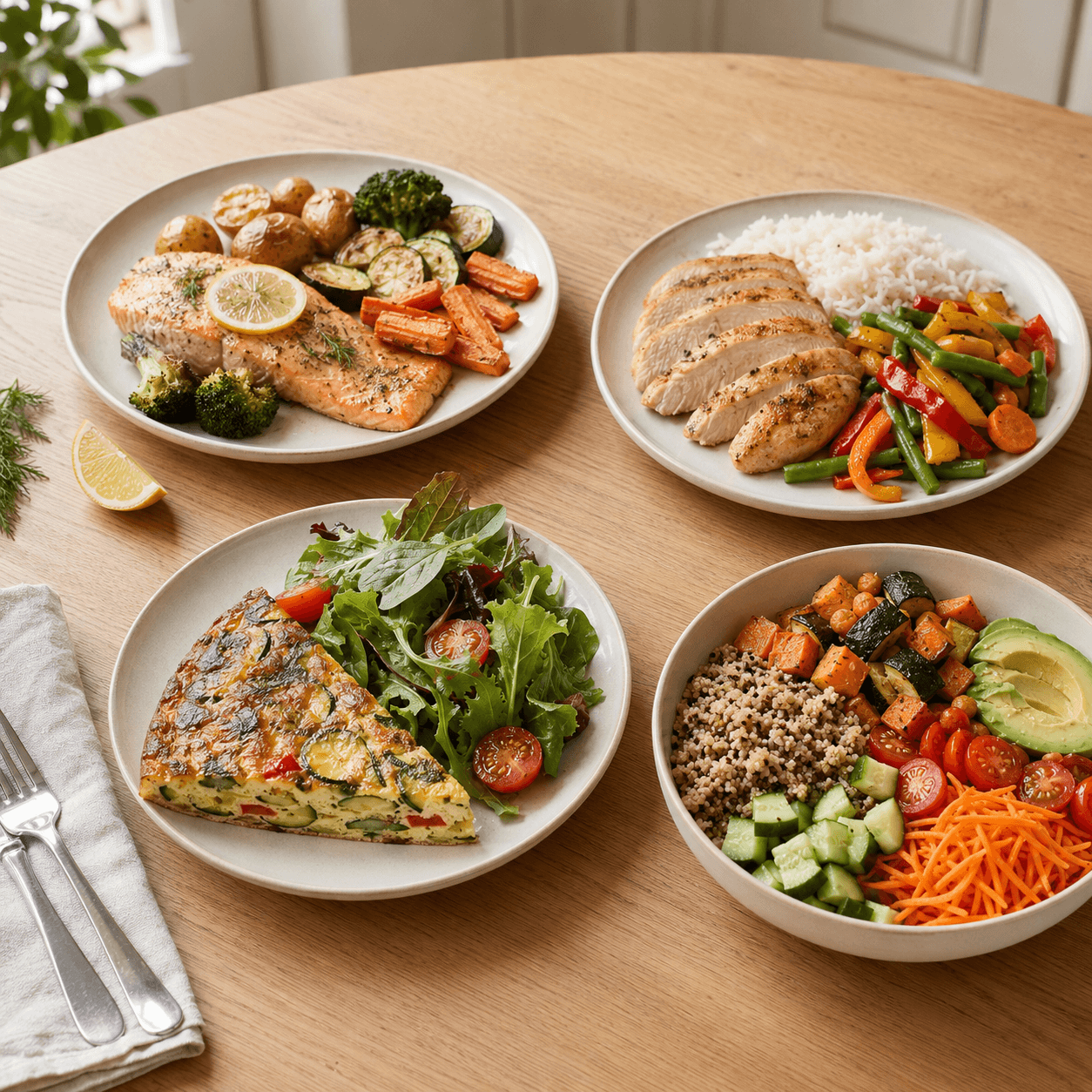 Repas équilibrés faciles avec saumon et légumes, poulet au riz, frittata aux légumes et bowl de quinoa.