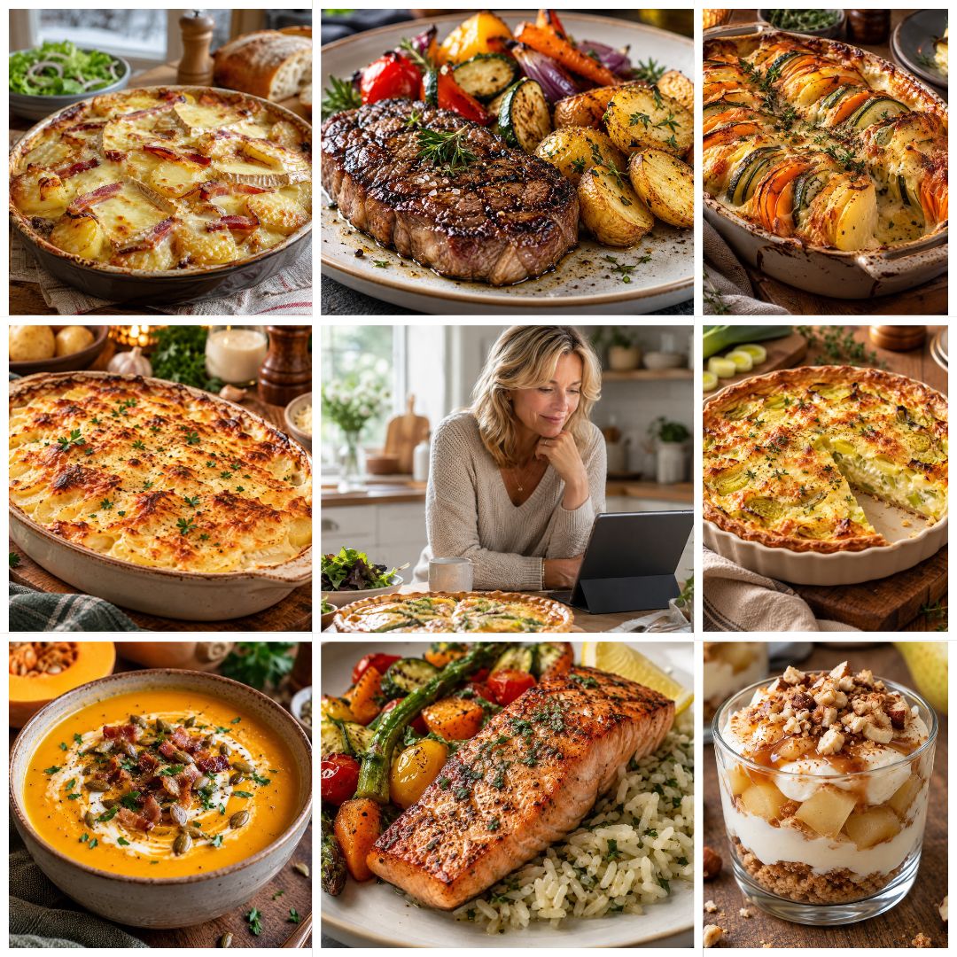 Montage de recettes maison variées : gratins dorés, viande grillée, saumon aux légumes, soupe de courge et dessert aux poires, avec une femme consultant des recettes sur tablette.