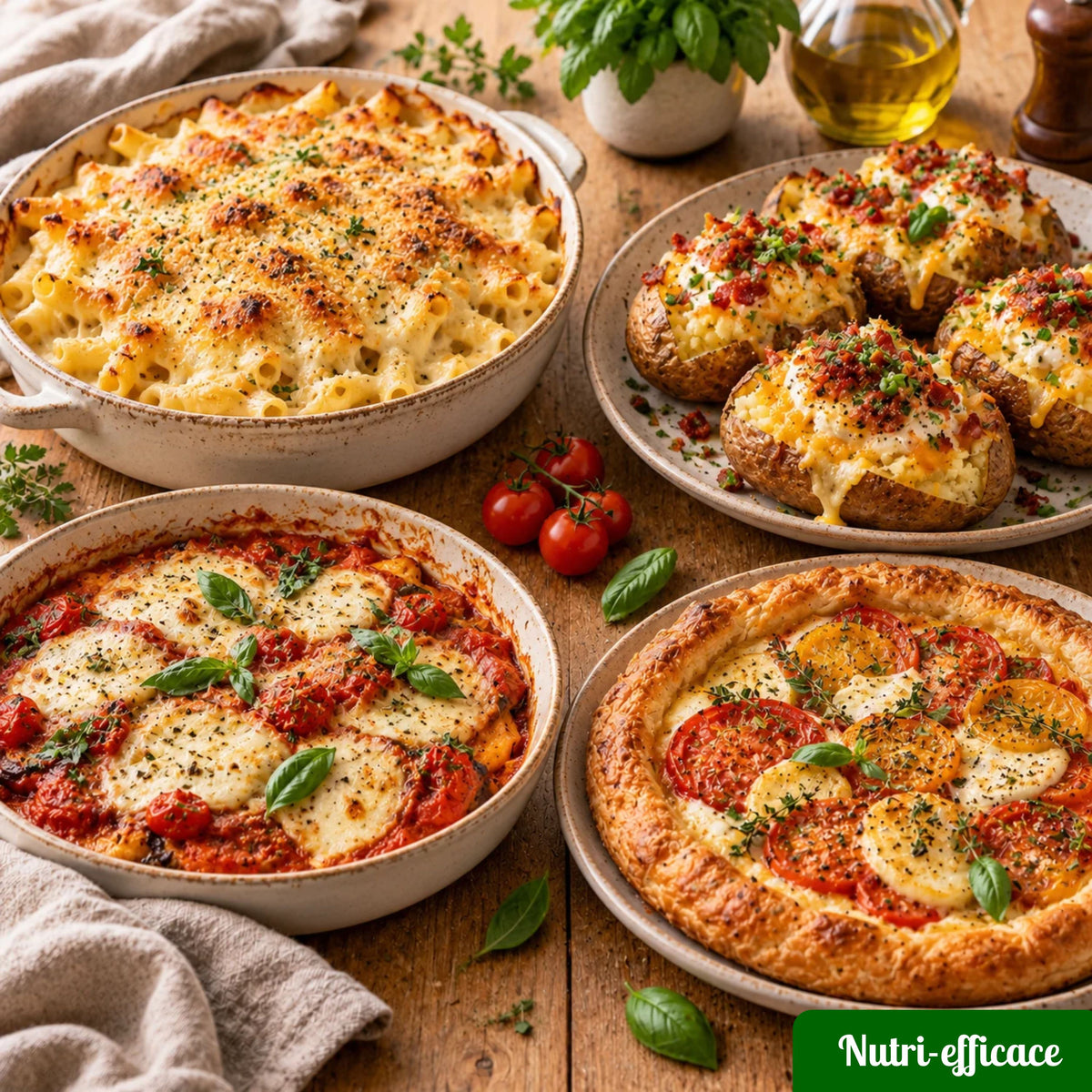 Gratin de pâtes au fromage, pommes de terre garnies, aubergines gratinées et tarte à la tomate maison.