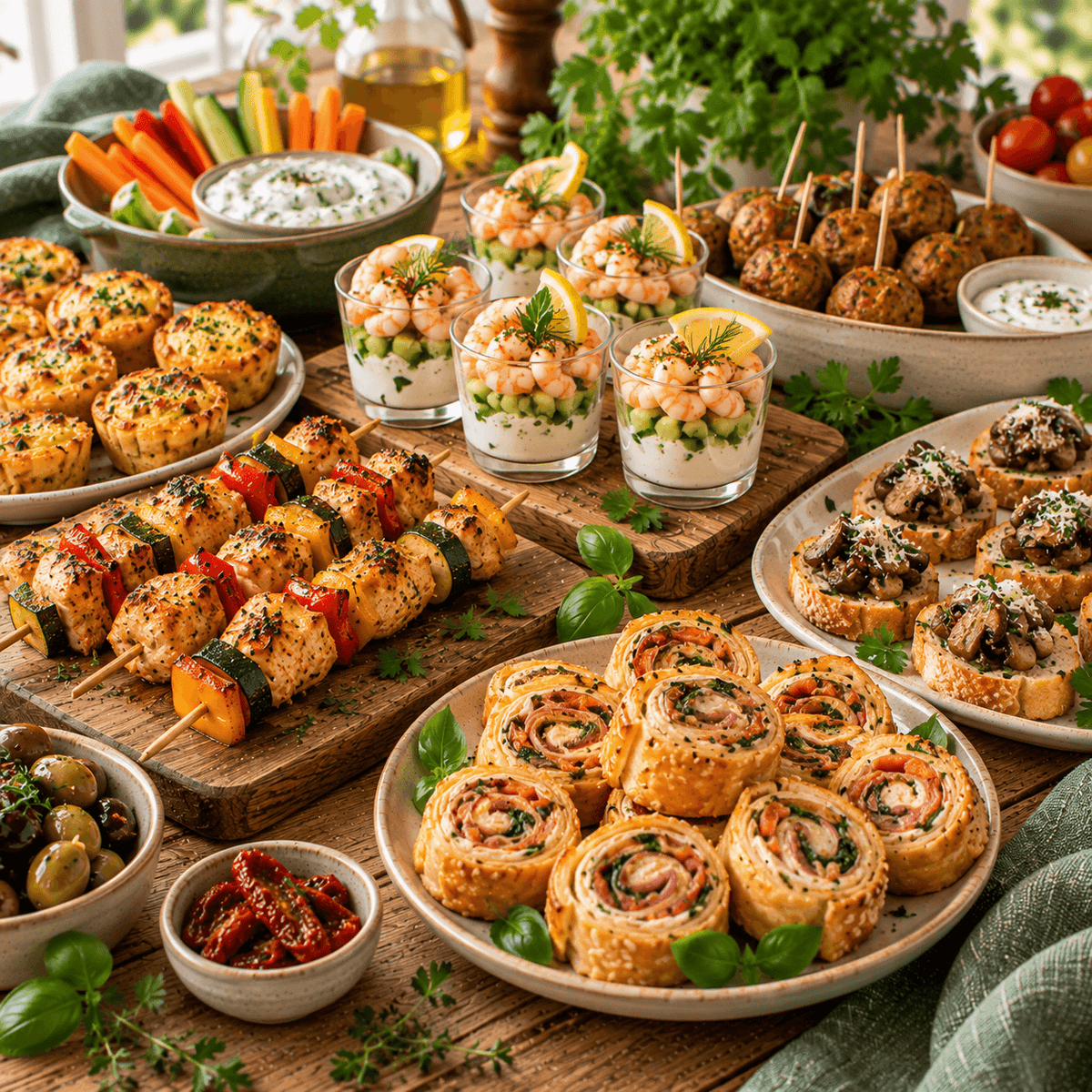 Recettes apéritives pour recevoir avec brochettes, roulés feuilletés, verrines crevettes et tartines chaudes pour un apéritif maison convivial