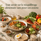 Rééquilibrage alimentaire sans peser son assiette, illustré par un repas équilibré avec avocat, œufs, légumes et céréales