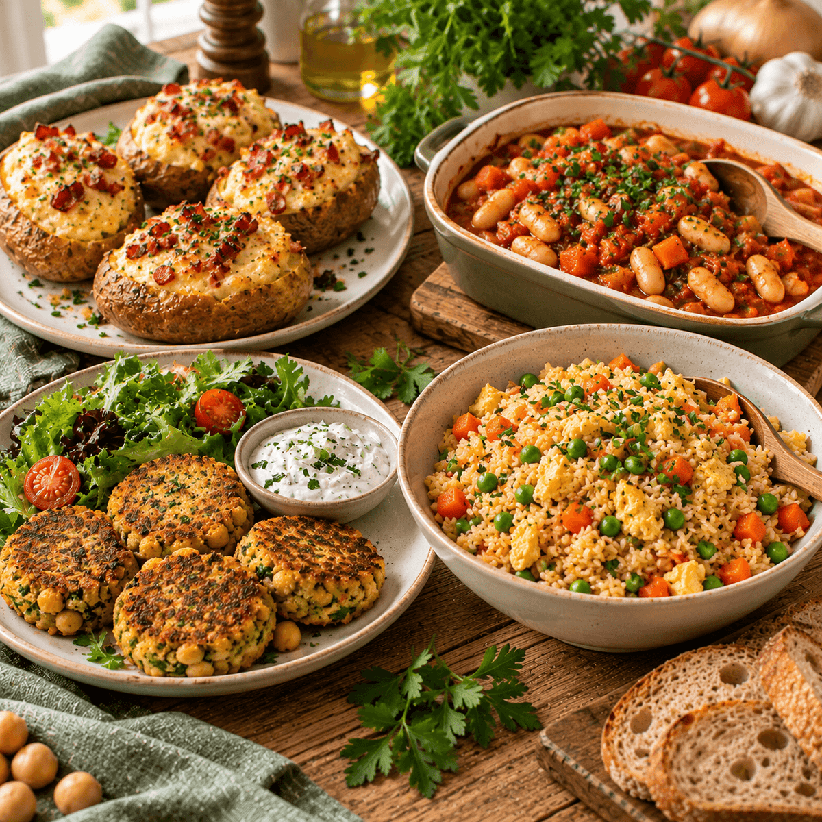 Repas économiques du quotidien avec pommes de terre garnies, riz sauté aux légumes, galettes de pois chiches et haricots blancs à la tomate