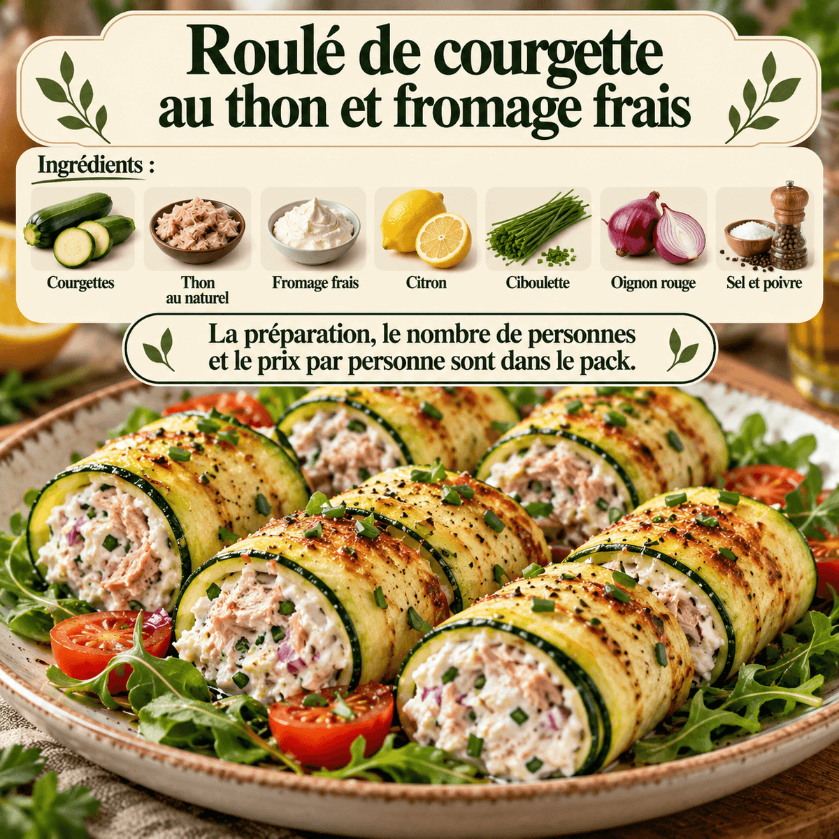 Roulés de courgette garnis de thon et de fromage frais, servis avec ciboulette, salade et tomates.