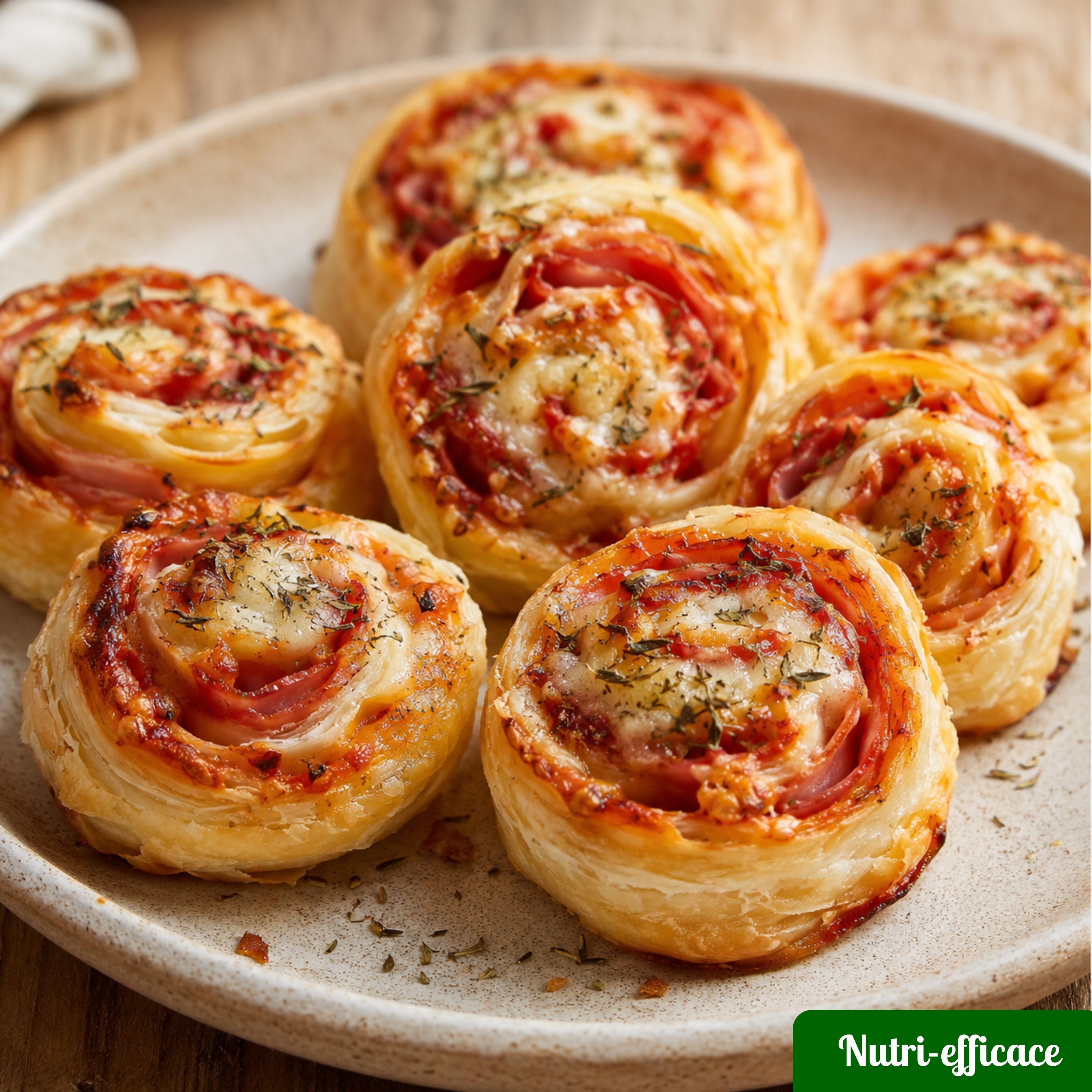 Roulés feuilletés apéritifs garnis de jambon, tomate et fromage, dorés au four et servis sur une assiette.