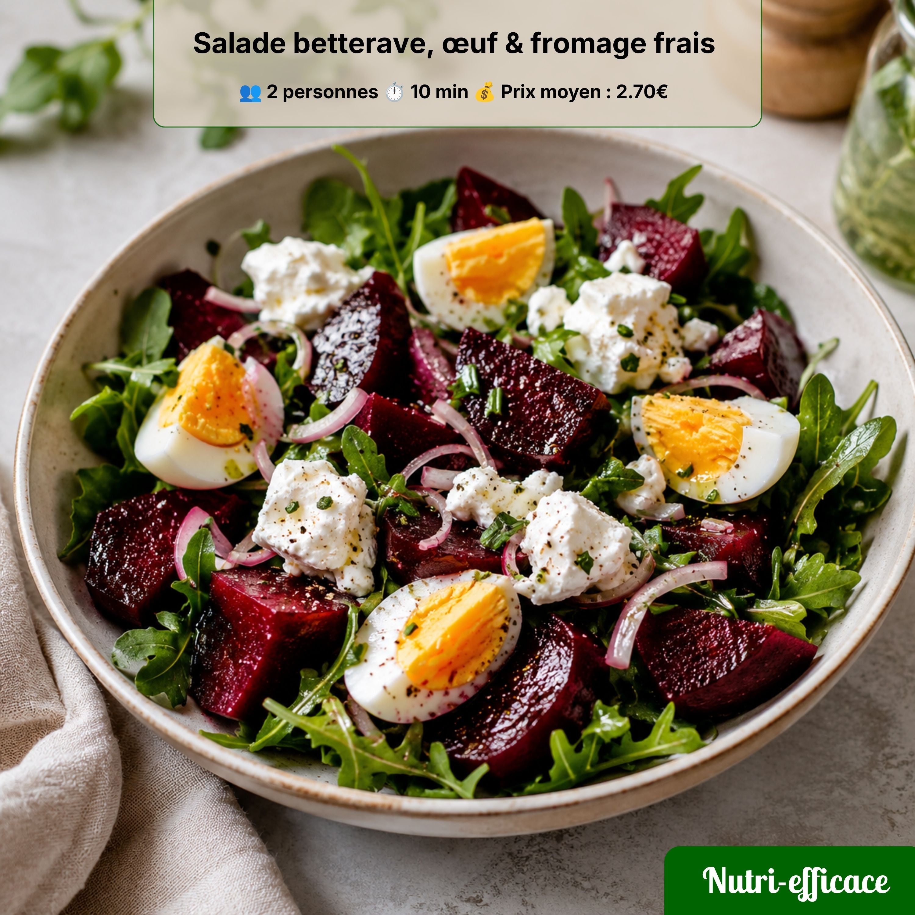Salade de betterave avec œufs, fromage frais et herbes, recette équilibrée et économique prête en 10 minutes.